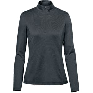 A women's pullover in dark grey with a 1/4 zip and long sleeves, featuring a logo on the side.
