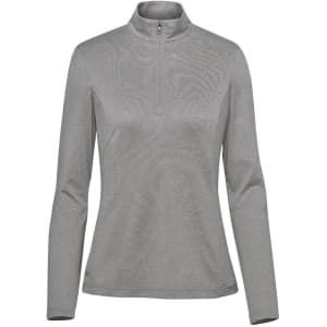 A women's pullover in grey with a quarter zip, featuring long sleeves and a logo.
