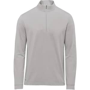 A light grey men's pullover featuring a 1/4 zip and long sleeves, with a small logo on the side.