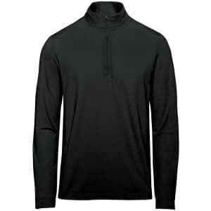 A black 1/4 zip pullover for men with long sleeves, featuring a collar and a logo on the sleeve.