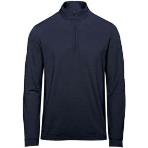A navy men's pullover featuring a 1/4 zip and long sleeves, with a logo on the chest.