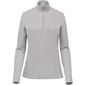A grey women's pullover featuring a 1/4 zip and long sleeves, with a small logo on the lower side.