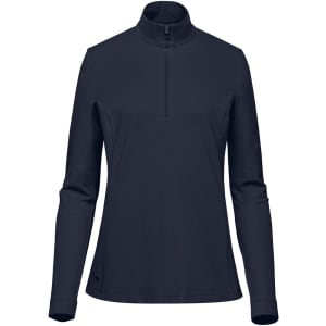 A navy women's pullover with a 1/4 zip and long sleeves, featuring a small logo on the side.