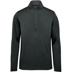 A black men's pullover featuring a 1/4 zip and long sleeves, with a logo on the design.