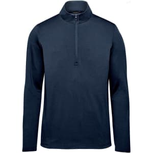 A navy 1/4 zip pullover with long sleeves and a stand-up collar, featuring a logo.