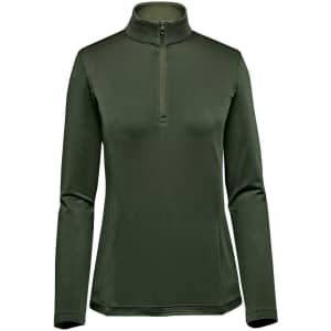 A women's pullover in dark green with a 1/4 zip and long sleeves, featuring a logo on the chest.
