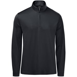 A black men's pullover with a 1/4 zip and long sleeves, featuring a branding logo.