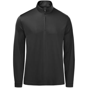 A black men's pullover featuring a 1/4 zip and long sleeves, with a simple design and branding.