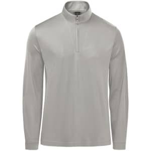 A grey men's pullover featuring a 1/4 zip and long sleeves, with a logo on the chest.