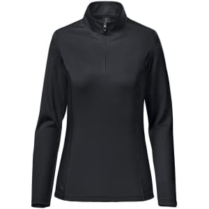 A women's black 1/4 zip pullover with long sleeves, featuring a logo on the side.
