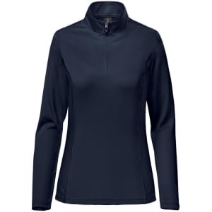 A navy women's pullover with a quarter zip and long sleeves. The design includes a logo on the garment.