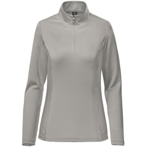 A women's light grey 1/4 zip pullover with long sleeves, featuring a collar and a discreet logo.