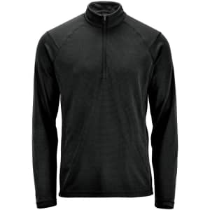 A black men's pullover featuring a 1/4 zip design and long sleeves. It has a logo on the front.