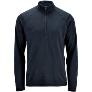A dark navy men's pullover featuring a 1/4 zip neck and long sleeves, with a logo on the chest.