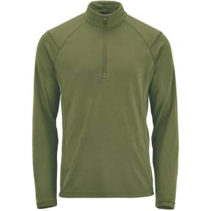 A men's 1/4 zip pullover in olive green with long sleeves and a zippered collar, featuring a logo.