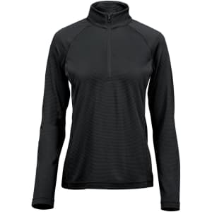 A black women's pullover with a quarter zip and long sleeves, featuring a subtle texture and a logo.