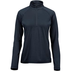 A women's navy 1/4 zip pullover featuring long sleeves and a stand-up collar, with a logo on the chest.
