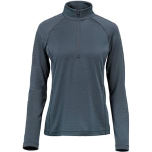 A women's pullover in a dark grey colour, featuring a 1/4 zip and long sleeves. It has a subtle texture and a logo.