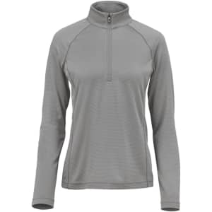 A women's pullover in grey with a quarter zip and long sleeves, featuring a subtle striped texture and a logo.
