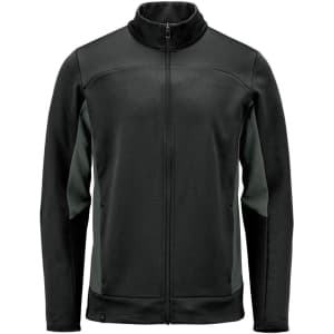 A black and dark grey men's knit jacket with a full zip and high collar, featuring logo branding.