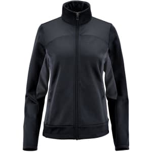 A Women's Appaloosa Knit Jacket in black, featuring a zip front and high collar, with side pockets and a logo.
