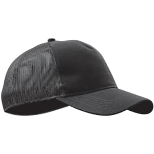 A black trucker cap featuring a solid front and mesh side panels, complete with a branding logo.