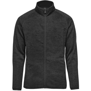 A grey full zip fleece jacket with a high collar and long sleeves, featuring a small logo.
