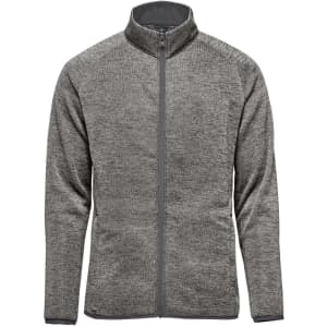 A full zip fleece jacket in a heather grey colour with a high collar and a logo on the chest.