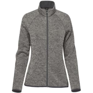 A women's full zip fleece jacket in a grey marled pattern with a high collar and long sleeves. Features branding.
