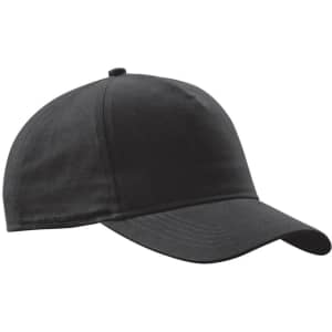 A black cap with a curved brim and a rounded crown, featuring a logo on the front.