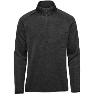 A black men's fleece jacket with a half-zip collar and long sleeves, featuring a contrasting collar and a logo.
