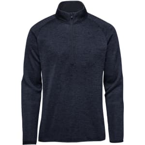 A men's half-zip fleece jacket in navy blue with long sleeves and a stand-up collar. It has a logo on it.