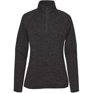 A black women's fleece jacket with a half zip and long sleeves, featuring a simple logo on the front.