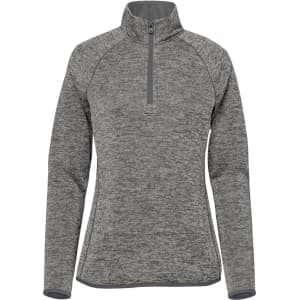 A women's half-zip fleece jacket in a textured grey fabric. Features long sleeves and a zip collar. Includes a logo.