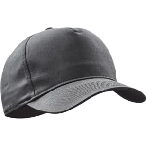 A black cap with a curved bill and a logo, designed for headwear promotions.
