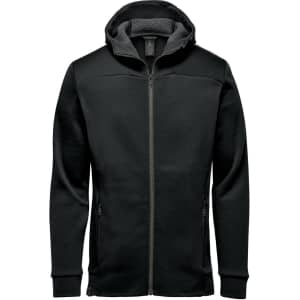A black hoody featuring a zip front, a hood, and a soft inner lining, with side pockets and a logo.