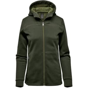 A women's hoody in dark green with a zip front and a lined hood. It features a logo on the chest.