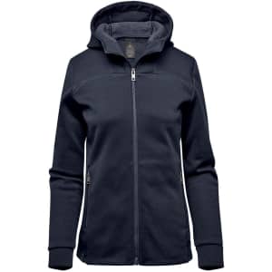 A women's performance hoody in navy blue with a zip front, hood, and side pockets. It features a textured inner lining.