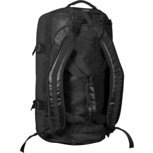 A medium duffle bag in black, featuring multiple straps and a sturdy design, with a logo on the exterior.