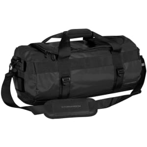 A black duffle bag with adjustable straps and a logo, featuring a zippered opening and sturdy handles.
