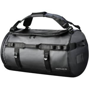 A black and grey waterproof duffle bag featuring adjustable straps and a branding logo.