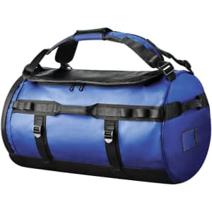A waterproof duffle bag in blue and black, featuring adjustable straps and a top handle, with a logo.