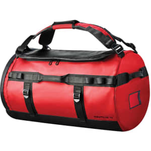 A red and black waterproof duffle bag with adjustable straps and a logo.