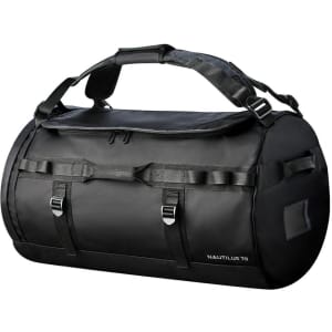 A black waterproof duffle bag with adjustable straps and a sturdy handle, featuring a logo.