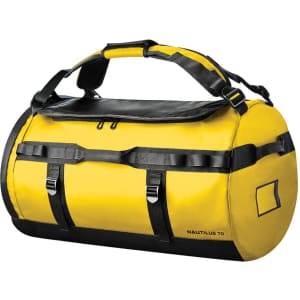 A yellow waterproof duffle bag with black accents, featuring handles and straps, and a branding logo.