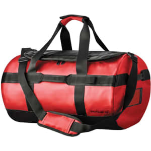 A red waterproof duffle bag with black accents, featuring carrying handles and a shoulder strap. It has a logo.
