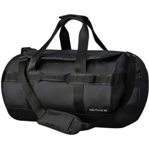 A black waterproof duffle bag with sturdy handles and a detachable shoulder strap, featuring a logo.