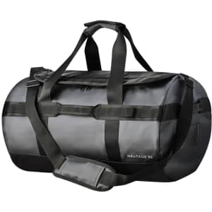 A waterproof duffle bag in dark grey, featuring sturdy handles, a detachable strap, and a logo.