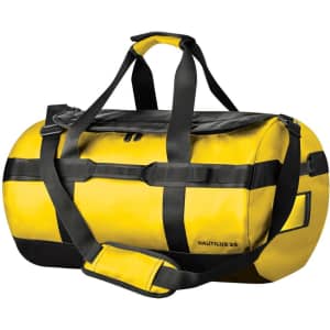 A yellow waterproof duffle bag with black accents and multiple carrying straps, featuring a logo.