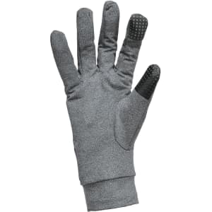 A grey touch screen glove with textured fingertips for grip. Features a logo on the wrist area.